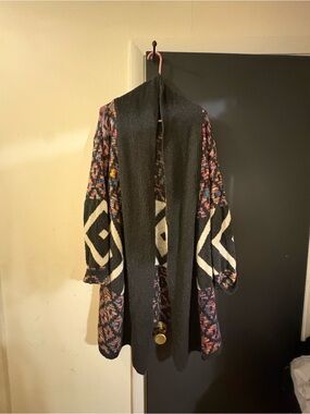 Oversized Black Multicolor Geometric Open-Front Sweater Cardigan